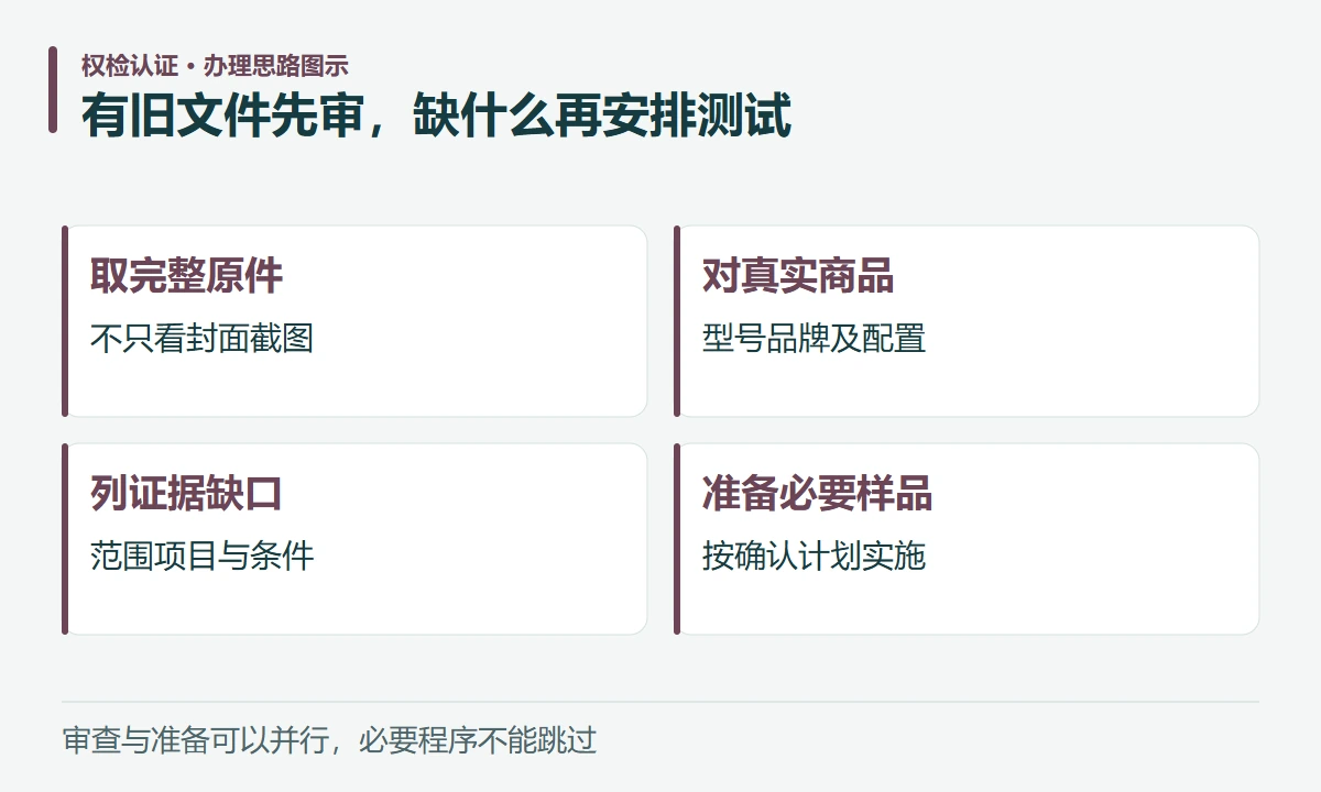 有旧文件先审,缺什么再安排测试:取完整原件,不只看封面截图;对真实商品,型号品牌及配置;列证据缺口,范围项目与条件;准备必要样品,按确认计划实施