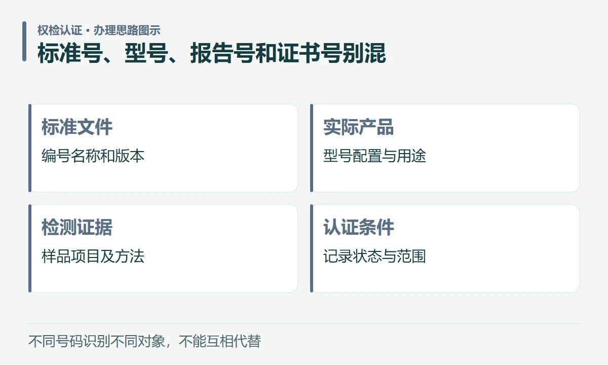 标准号、型号、报告号和证书号别混:标准文件,编号名称和版本;实际产品,型号配置与用途;检测证据,样品项目及方法;认证条件,记录状态与范围