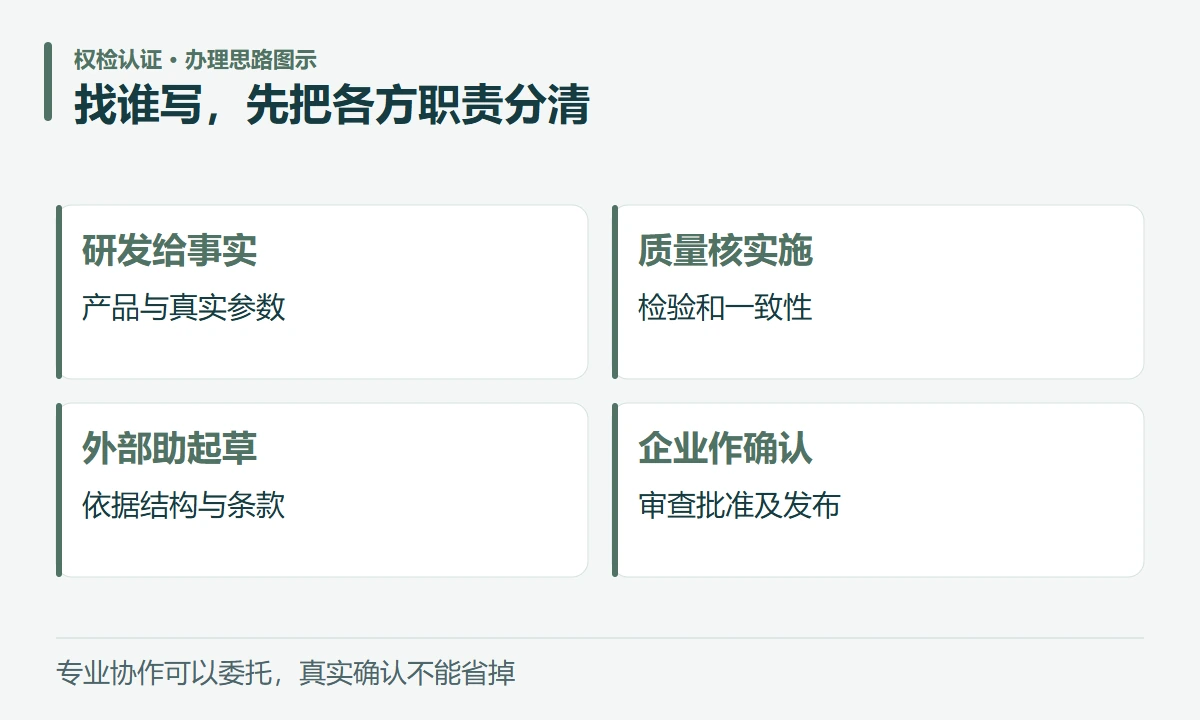 找谁写,先把各方职责分清:研发给事实,产品与真实参数;质量核实施,检验和一致性;外部助起草,依据结构与条款;企业作确认,审查批准及发布