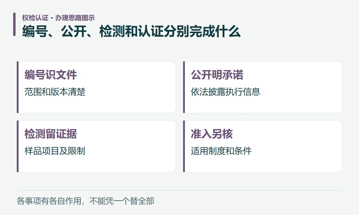 编号、公开、检测和认证分别完成什么:编号识文件,范围和版本清楚;公开明承诺,依法披露执行信息;检测留证据,样品项目及限制;准入另核,适用制度和条件