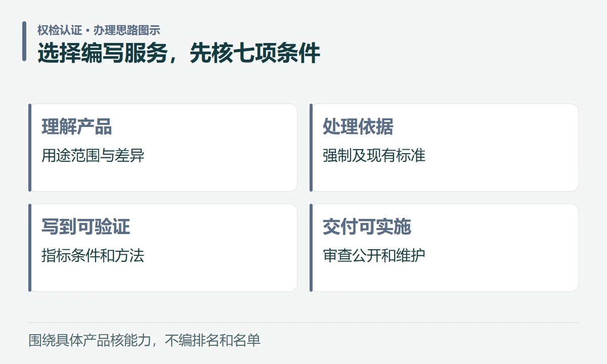选择编写服务,先核七项条件:理解产品,用途范围与差异;处理依据,强制及现有标准;写到可验证,指标条件和方法;交付可实施,审查公开和维护