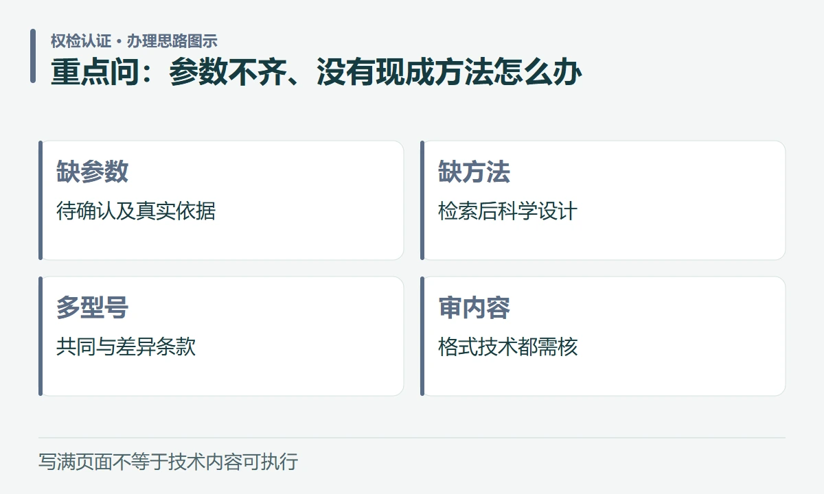 重点问:参数不齐、没有现成方法怎么办:缺参数,待确认及真实依据;缺方法,检索后科学设计;多型号,共同与差异条款;审内容,格式技术都需核