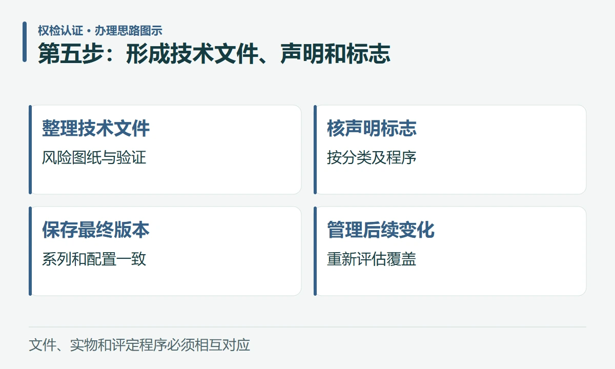 第五步:形成技术文件、声明和标志:整理技术文件,风险图纸与验证;核声明标志,按分类及程序;保存最终版本,系列和配置一致;管理后续变化,重新评估覆盖