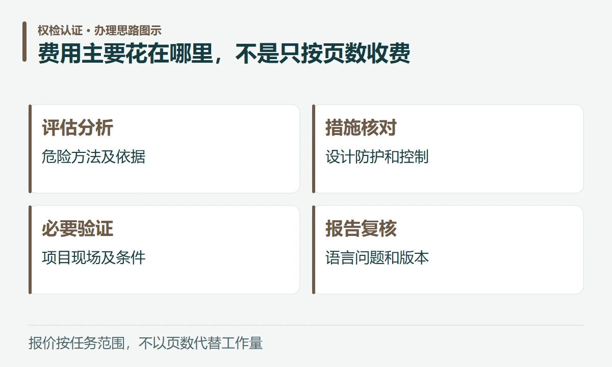 费用主要花在哪里,不是只按页数收费:评估分析,危险方法及依据;措施核对,设计防护和控制;必要验证,项目现场及条件;报告复核,语言问题和版本