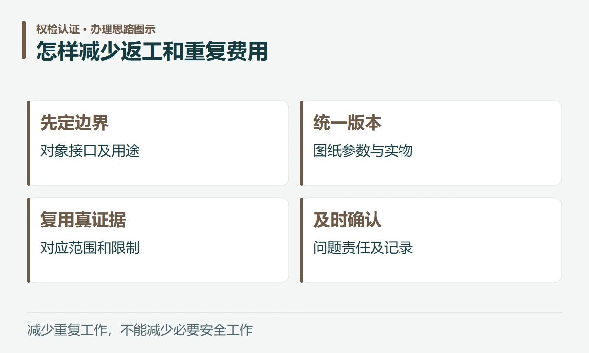 怎样减少返工和重复费用:先定边界,对象接口及用途;统一版本,图纸参数与实物;复用真证据,对应范围和限制;及时确认,问题责任及记录