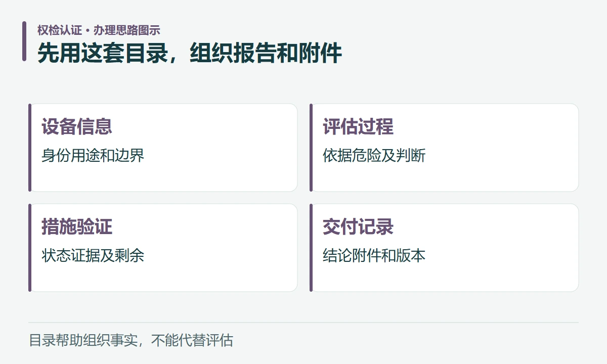 先用这套目录,组织报告和附件:设备信息,身份用途和边界;评估过程,依据危险及判断;措施验证,状态证据及剩余;交付记录,结论附件和版本