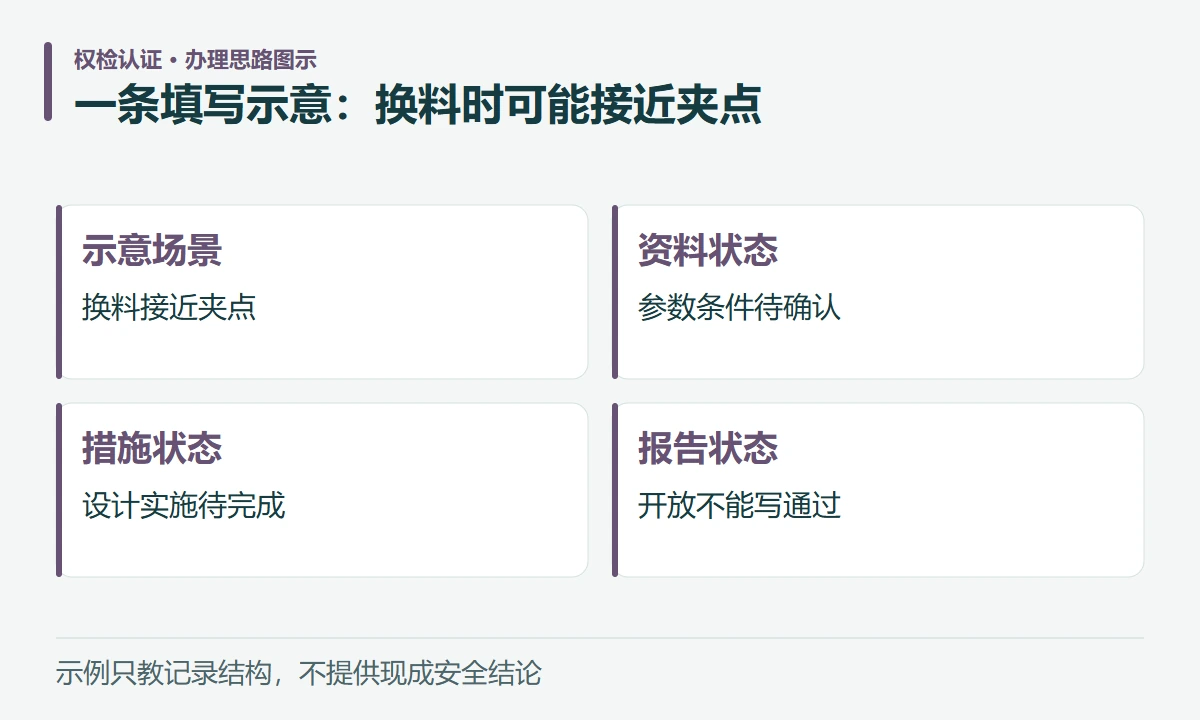 一条填写示意:换料时可能接近夹点:示意场景,换料接近夹点;资料状态,参数条件待确认;措施状态,设计实施待完成;报告状态,开放不能写通过