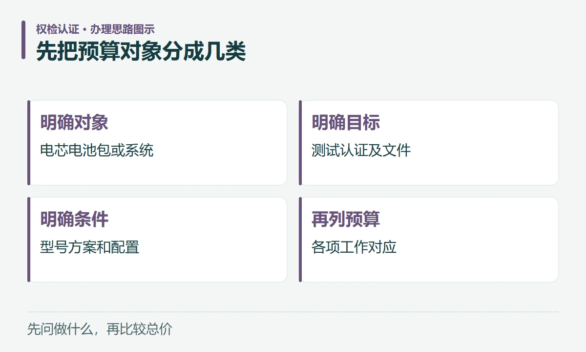 先把预算对象分成几类:明确对象,电芯电池包或系统;明确目标,测试认证及文件;明确条件,型号方案和配置;再列预算,各项工作对应