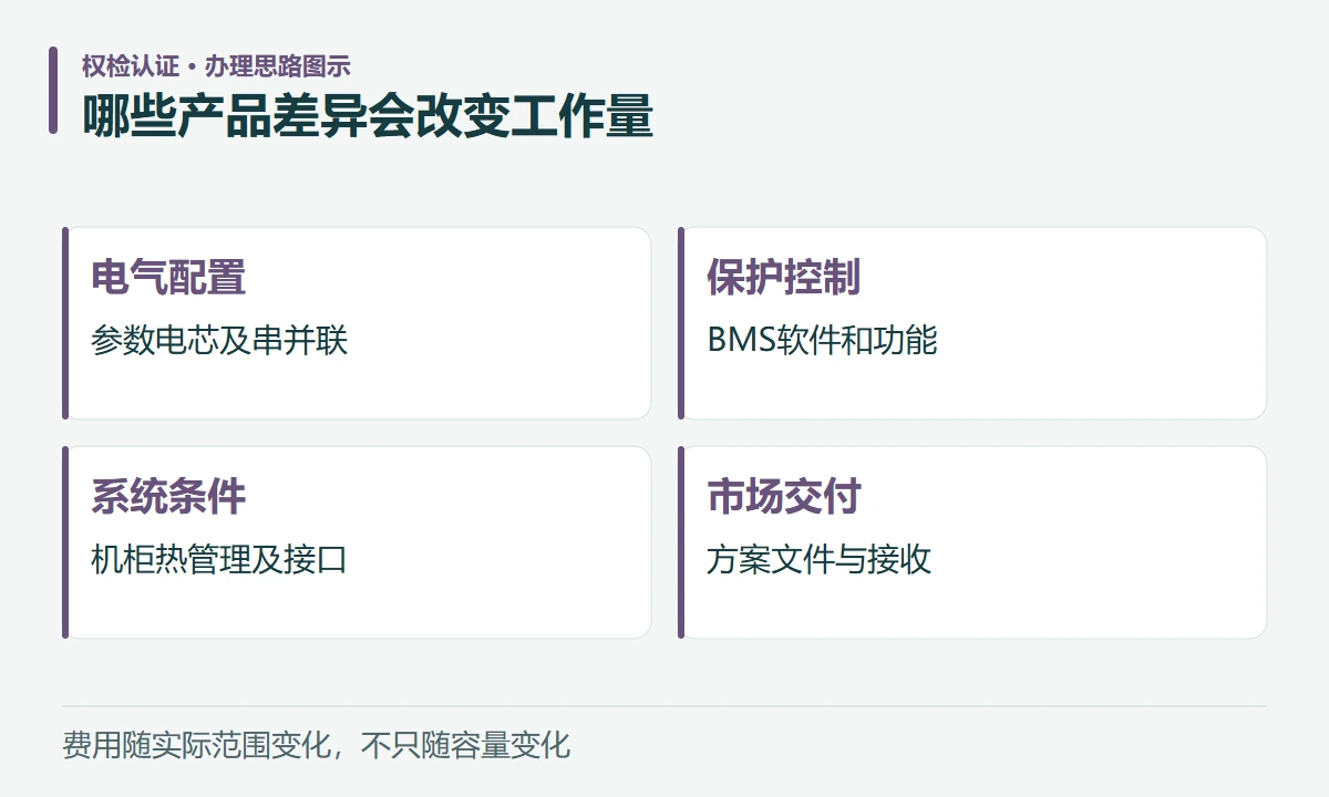 哪些产品差异会改变工作量:电气配置,参数电芯及串并联;保护控制,BMS软件和功能;系统条件,机柜热管理及接口;市场交付,方案文件与接收
