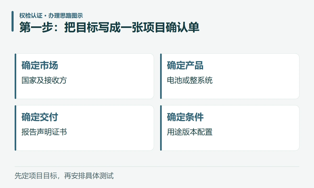 第一步:把目标写成一张项目确认单:确定市场,国家及接收方;确定产品,电池或整系统;确定交付,报告声明证书;确定条件,用途版本配置