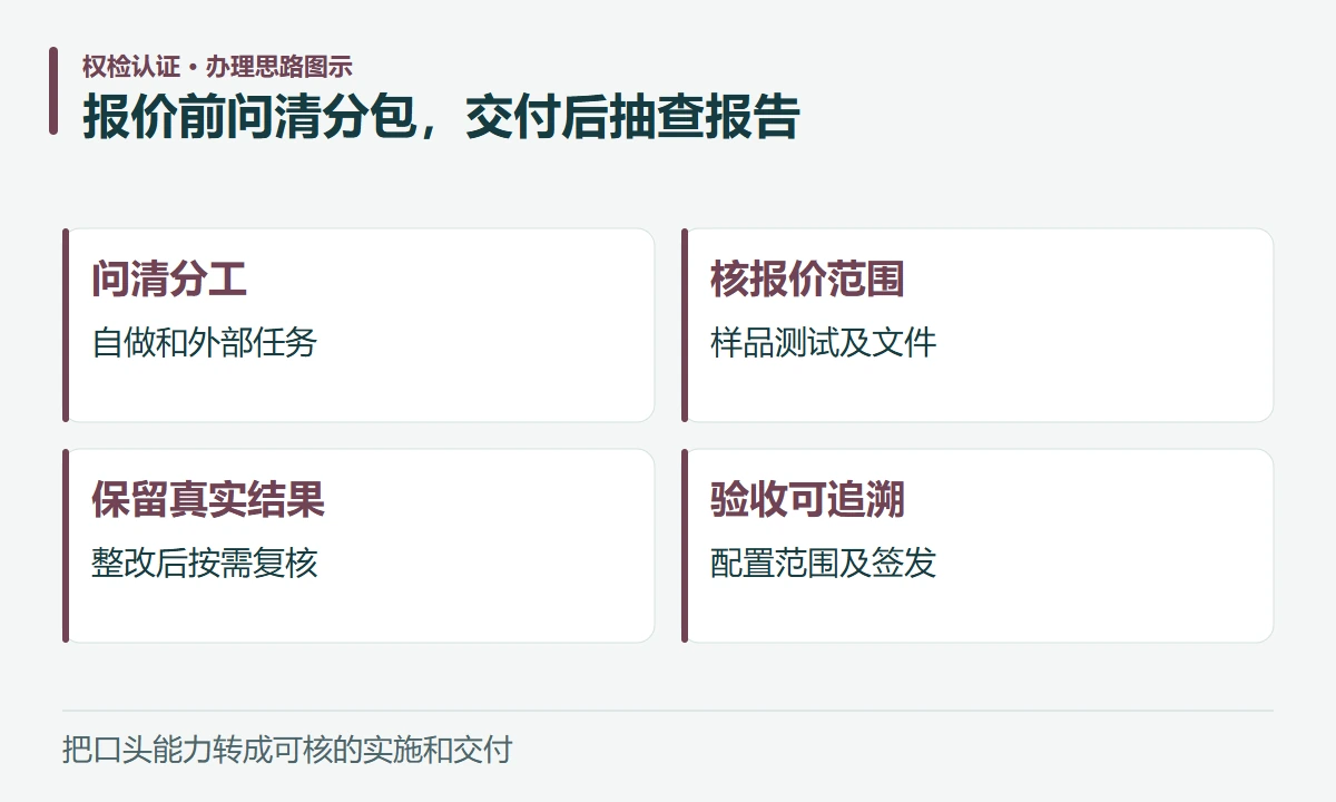 报价前问清分包,交付后抽查报告:问清分工,自做和外部任务;核报价范围,样品测试及文件;保留真实结果,整改后按需复核;验收可追溯,配置范围及签发