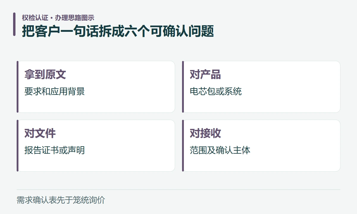 把客户一句话拆成六个可确认问题:拿到原文,要求和应用背景;对产品,电芯包或系统;对文件,报告证书或声明;对接收,范围及确认主体