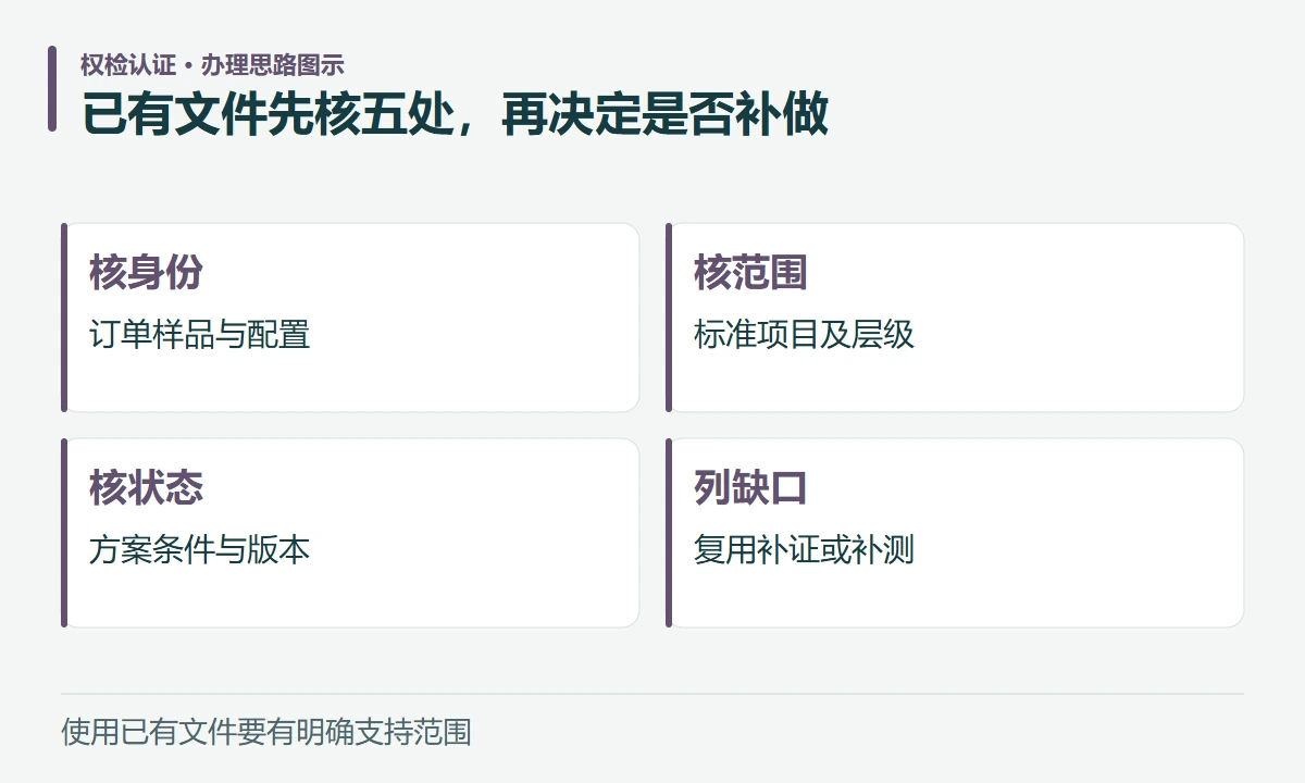 已有文件先核五处,再决定是否补做:核身份,订单样品与配置;核范围,标准项目及层级;核状态,方案条件与版本;列缺口,复用补证或补测