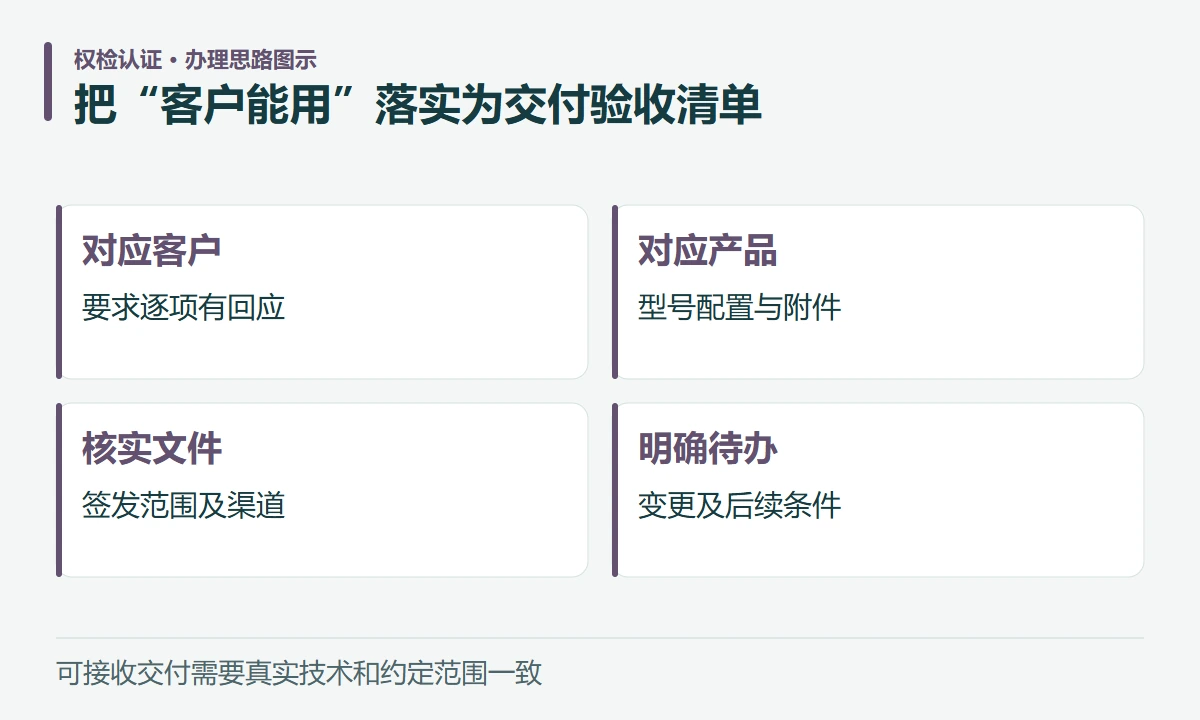 把“客户能用”落实为交付验收清单:对应客户,要求逐项有回应;对应产品,型号配置与附件;核实文件,签发范围及渠道;明确待办,变更及后续条件