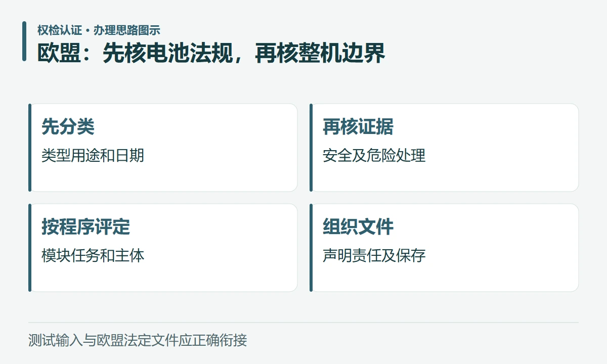 欧盟:先核电池法规,再核整机边界:先分类,类型用途和日期;再核证据,安全及危险处理;按程序评定,模块任务和主体;组织文件,声明责任及保存