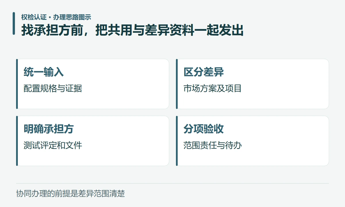 找承担方前,把共用与差异资料一起发出:统一输入,配置规格与证据;区分差异,市场方案及项目;明确承担方,测试评定和文件;分项验收,范围责任与待办