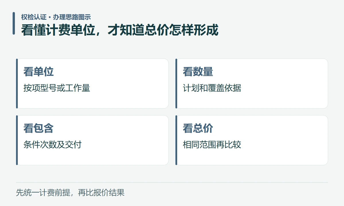 看懂计费单位,才知道总价怎样形成:看单位,按项型号或工作量;看数量,计划和覆盖依据;看包含,条件次数及交付;看总价,相同范围再比较
