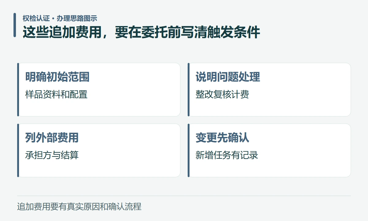 这些追加费用,要在委托前写清触发条件:明确初始范围,样品资料和配置;说明问题处理,整改复核计费;列外部费用,承担方与结算;变更先确认,新增任务有记录