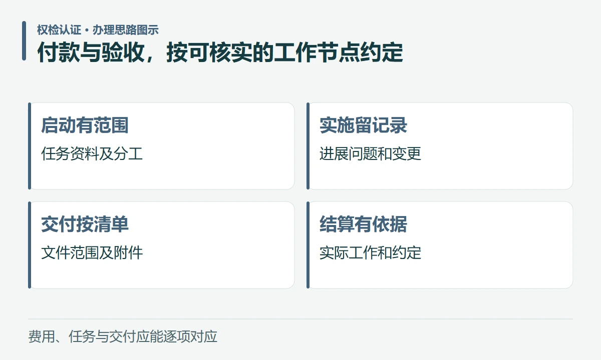 付款与验收,按可核实的工作节点约定:启动有范围,任务资料及分工;实施留记录,进展问题和变更;交付按清单,文件范围及附件;结算有依据,实际工作和约定