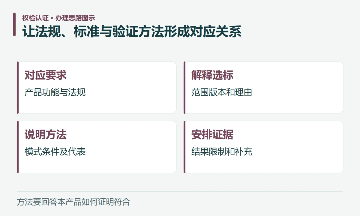 让法规、标准与验证方法形成对应关系:对应要求,产品功能与法规;解释选标,范围版本和理由;说明方法,模式条件及代表;安排证据,结果限制和补充