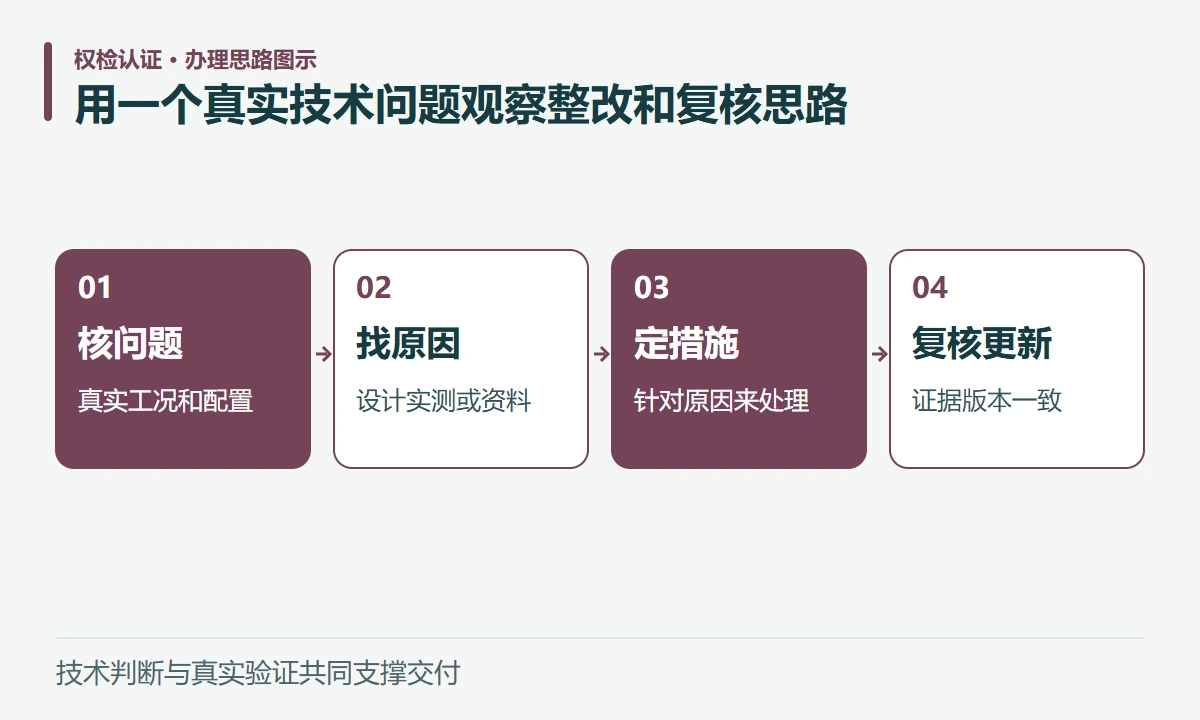 用一个真实技术问题观察整改和复核思路:核问题,真实工况和配置;找原因,设计实测或资料;定措施,针对原因来处理;复核更新,证据版本一致