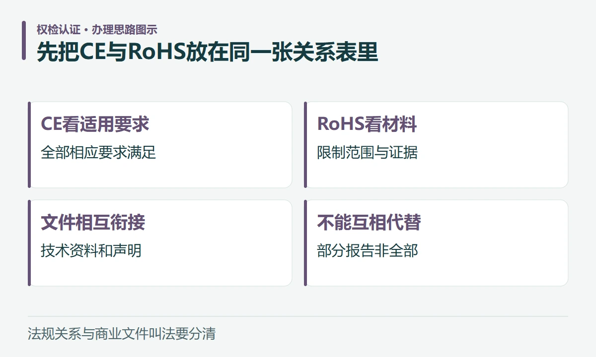 先把CE与RoHS放在同一张关系表里:CE看适用要求,全部相应要求满足;RoHS看材料,限制范围与证据;文件相互衔接,技术资料和声明;不能互相代替,部分报告非全部