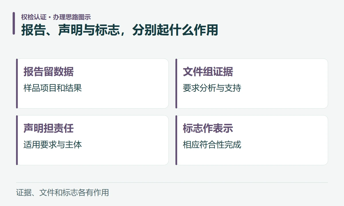 报告、声明与标志,分别起什么作用:报告留数据,样品项目和结果;文件组证据,要求分析与支持;声明担责任,适用要求与主体;标志作表示,相应符合性完成