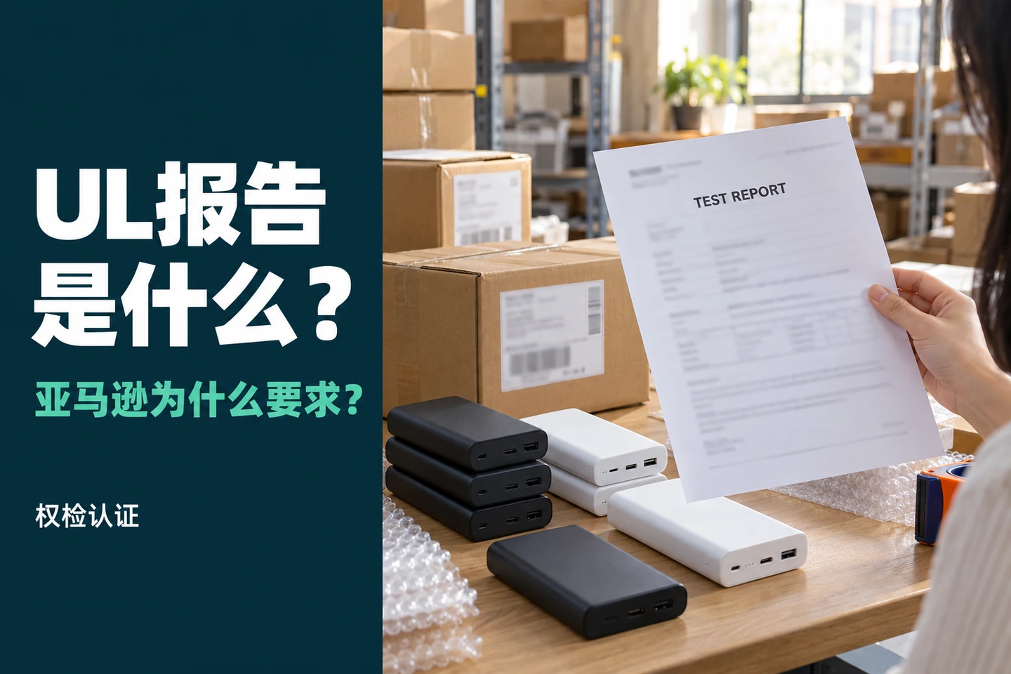 UL报告是什么?亚马逊为什么要求?仓库打包台、充电宝与通用测试报告的AI场景示意