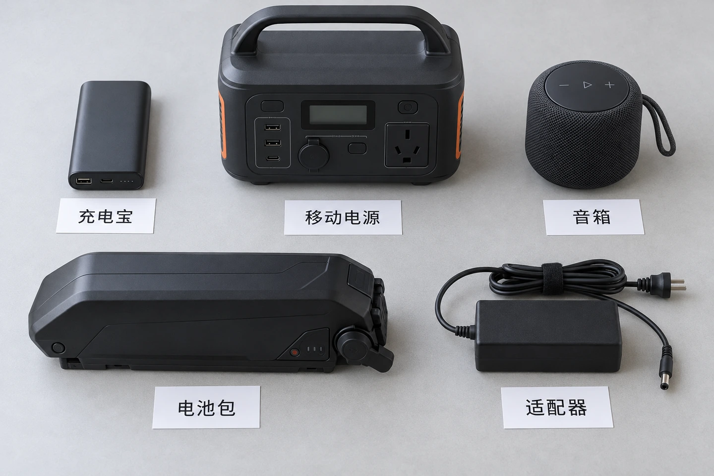 充电宝、移动电源、音箱、电池包与适配器的AI产品分类示意