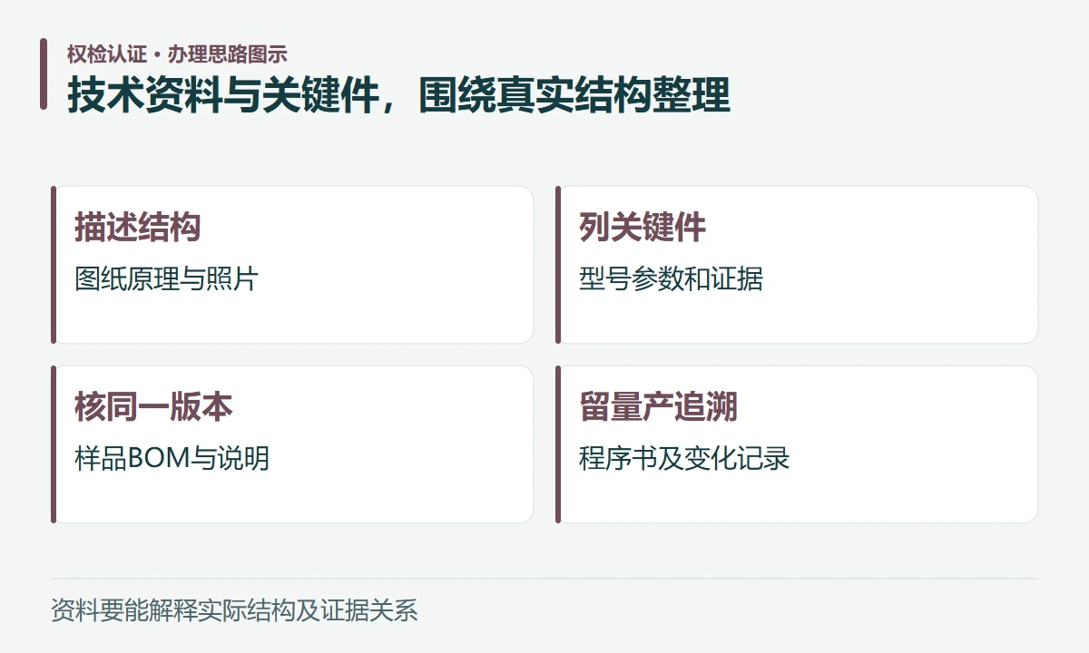 技术资料与关键件,围绕真实结构整理:描述结构,图纸原理与照片;列关键件,型号参数和证据;核同一版本,样品BOM与说明;留量产追溯,程序书及变化记录