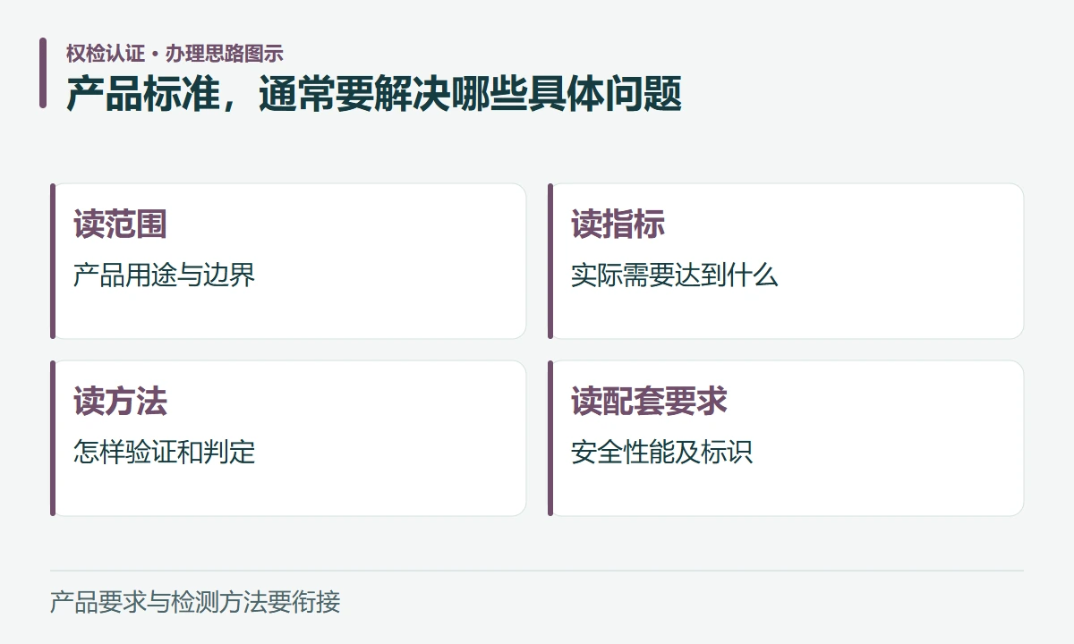 产品标准,通常要解决哪些具体问题:读范围,产品用途与边界;读指标,实际需要达到什么;读方法,怎样验证和判定;读配套要求,安全性能及标识