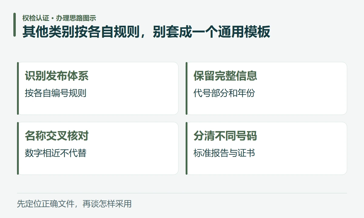 其他类别按各自规则,别套成一个通用模板:识别发布体系,按各自编号规则;保留完整信息,代号部分和年份;名称交叉核对,数字相近不代替;分清不同号码,标准报告与证书