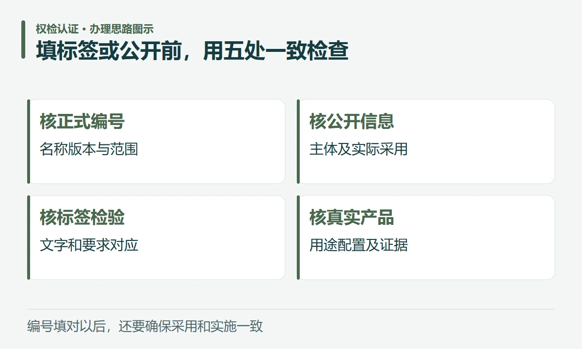 填标签或公开前,用五处一致检查:核正式编号,名称版本与范围;核公开信息,主体及实际采用;核标签检验,文字和要求对应;核真实产品,用途配置及证据
