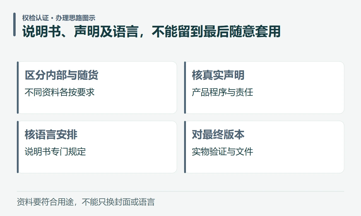 说明书、声明及语言,不能留到最后随意套用:区分内部与随货,不同资料各按要求;核真实声明,产品程序与责任;核语言安排,说明书专门规定;对最终版本,实物验证与文件