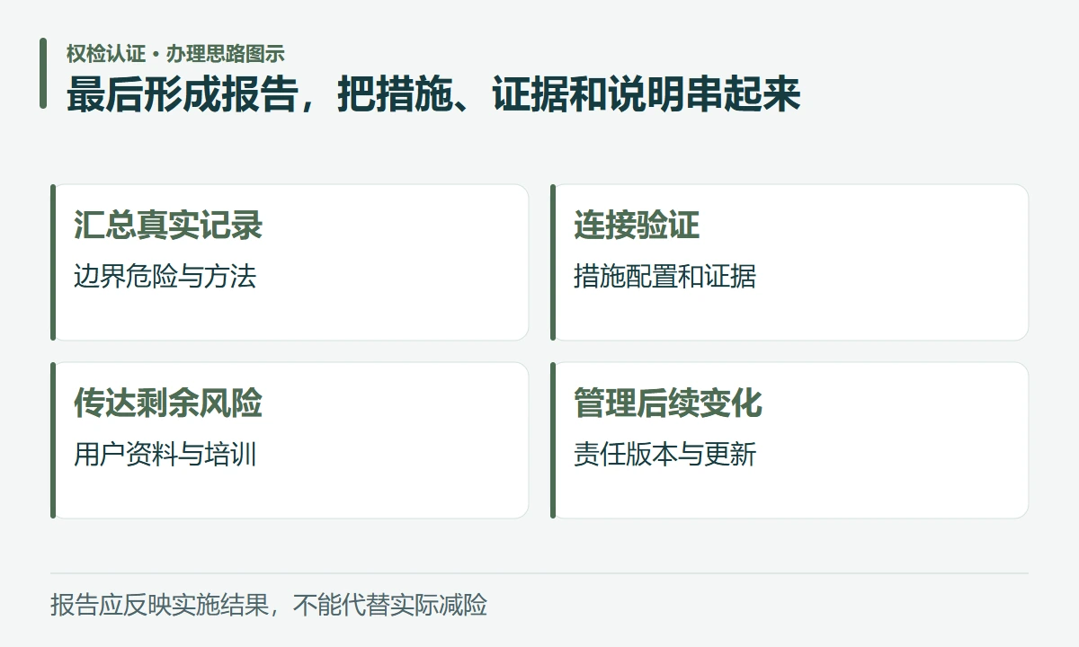 最后形成报告,把措施、证据和说明串起来:汇总真实记录,边界危险与方法;连接验证,措施配置和证据;传达剩余风险,用户资料与培训;管理后续变化,责任版本与更新