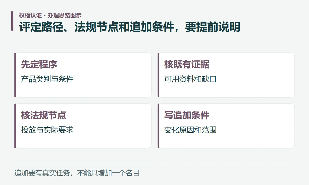 评定路径、法规节点和追加条件,要提前说明:先定程序,产品类别与条件;核既有证据,可用资料和缺口;核法规节点,投放与实际要求;写追加条件,变化原因和范围