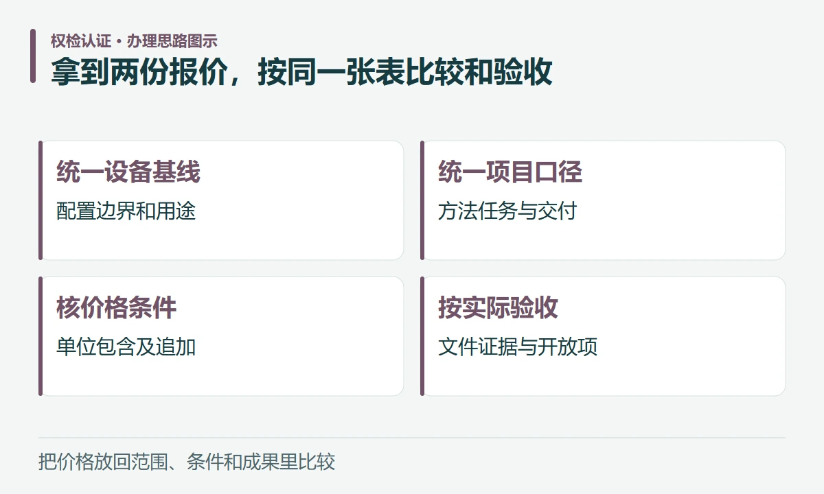 拿到两份报价,按同一张表比较和验收:统一设备基线,配置边界和用途;统一项目口径,方法任务与交付;核价格条件,单位包含及追加;按实际验收,文件证据与开放项