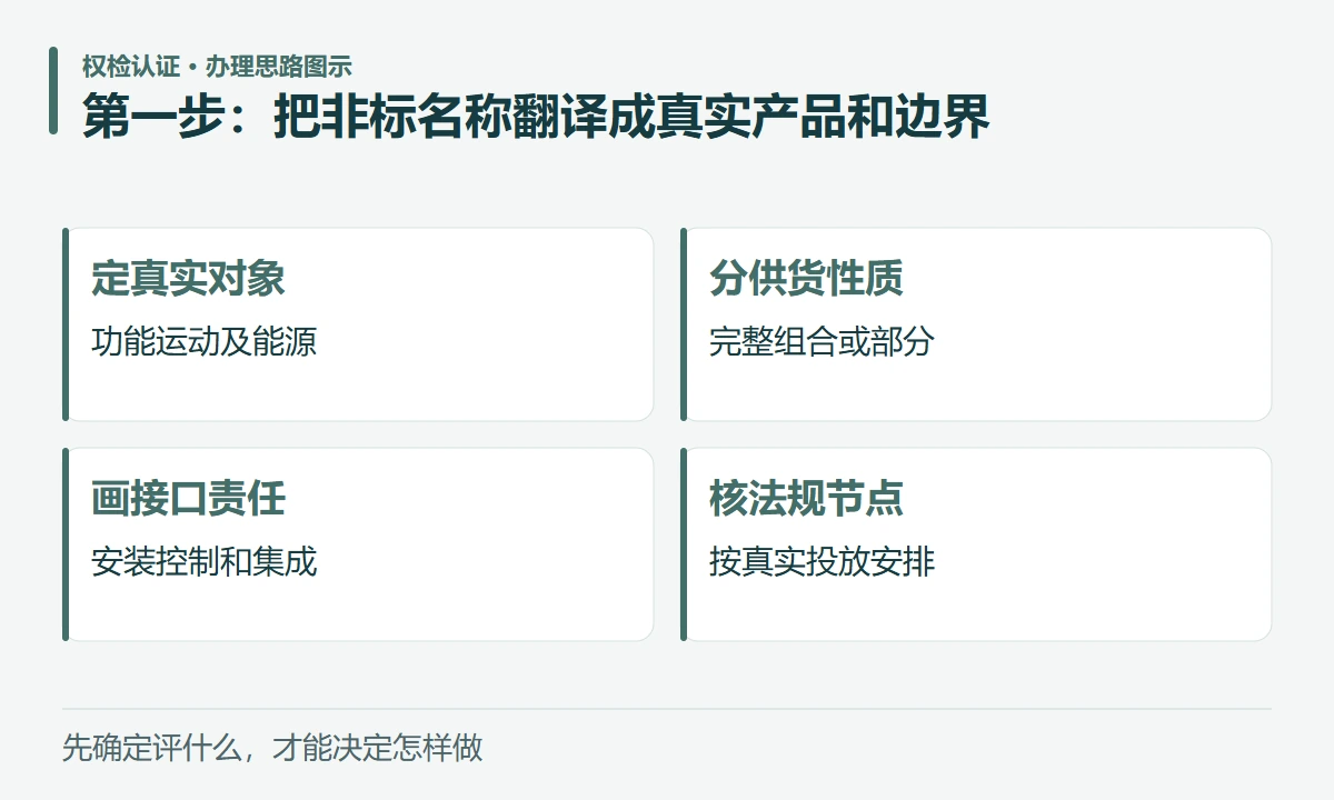 第一步:把非标名称翻译成真实产品和边界:定真实对象,功能运动及能源;分供货性质,完整组合或部分;画接口责任,安装控制和集成;核法规节点,按真实投放安排