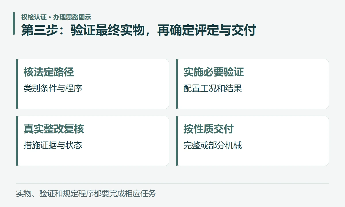 第三步:验证最终实物,再确定评定与交付:核法定路径,类别条件与程序;实施必要验证,配置工况和结果;真实整改复核,措施证据与状态;按性质交付,完整或部分机械