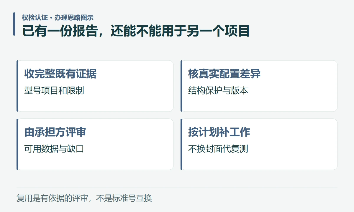已有一份报告,还能不能用于另一个项目:收完整既有证据,型号项目和限制;核真实配置差异,结构保护与版本;由承担方评审,可用数据与缺口;按计划补工作,不换封面代复测