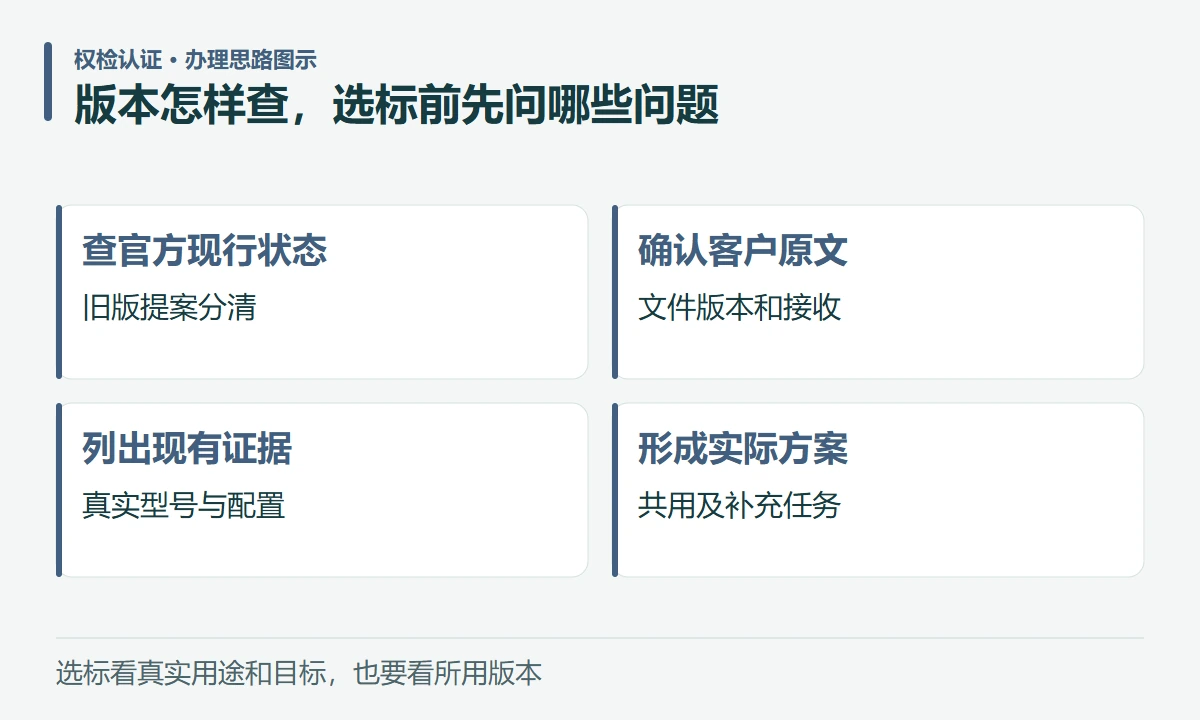 版本怎样查,选标前先问哪些问题:查官方现行状态,旧版提案分清;确认客户原文,文件版本和接收;列出现有证据,真实型号与配置;形成实际方案,共用及补充任务