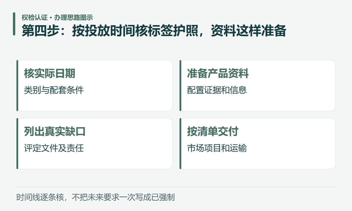 第四步:按投放时间核标签护照,资料这样准备:核实际日期,类别与配套条件;准备产品资料,配置证据和信息;列出真实缺口,评定文件及责任;按清单交付,市场项目和运输