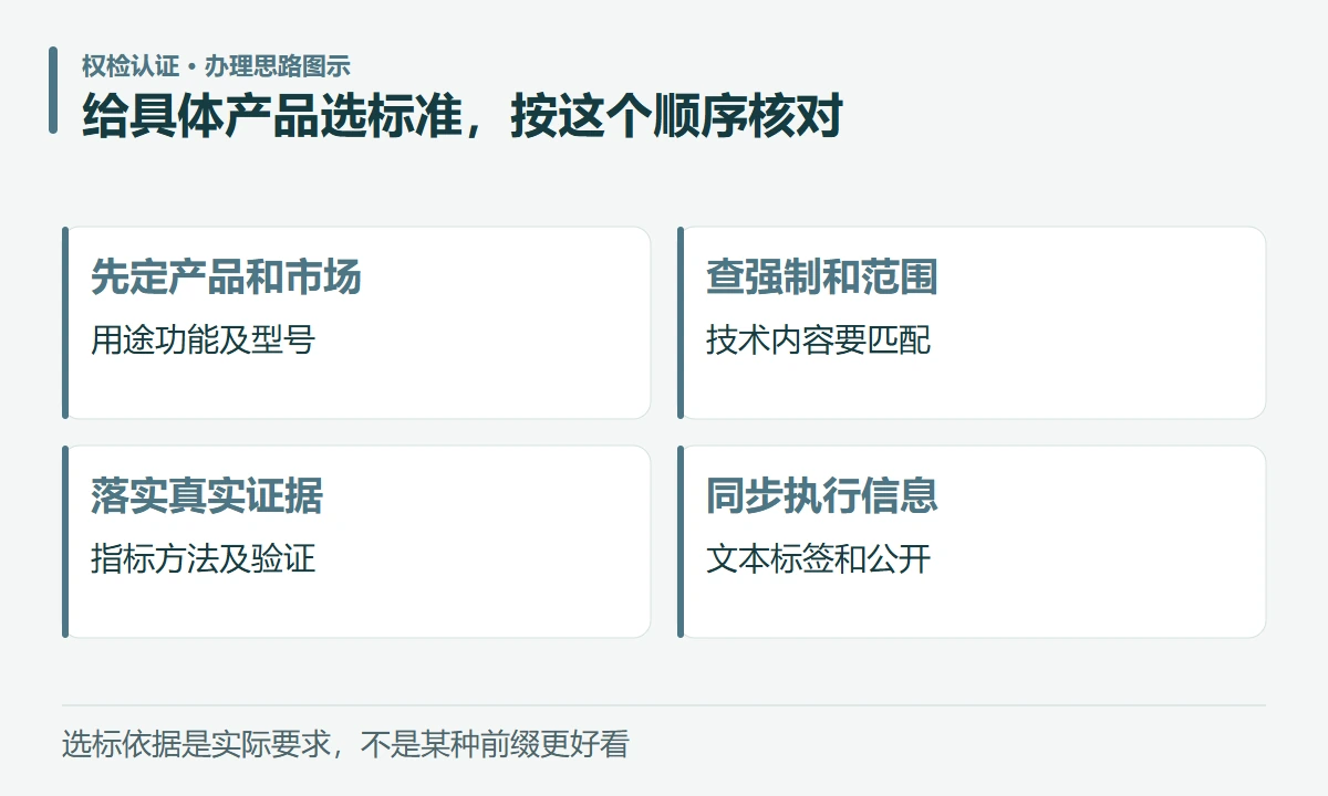 给具体产品选标准,按这个顺序核对:先定产品和市场,用途功能及型号;查强制和范围,技术内容要匹配;落实真实证据,指标方法及验证;同步执行信息,文本标签和公开