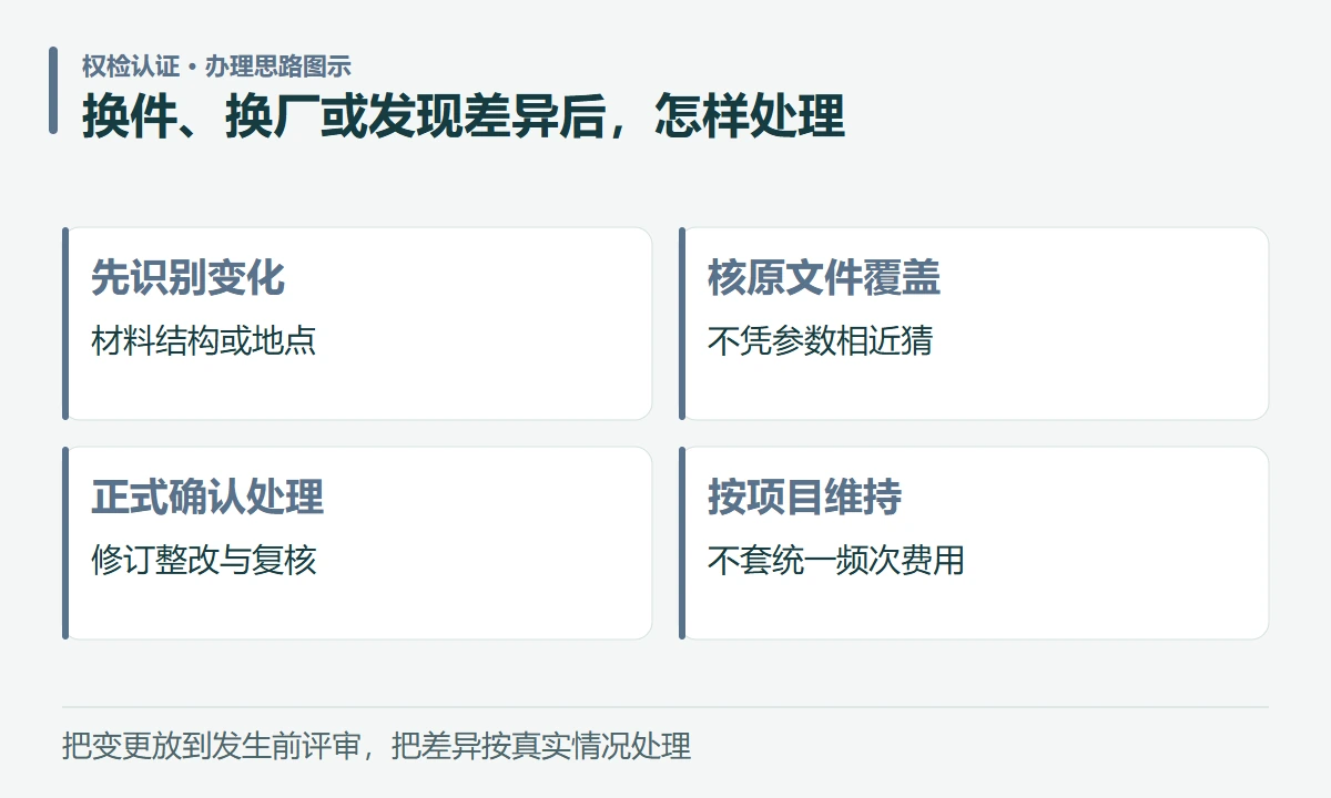换件、换厂或发现差异后,怎样处理:先识别变化,材料结构或地点;核原文件覆盖,不凭参数相近猜;正式确认处理,修订整改与复核;按项目维持,不套统一频次费用