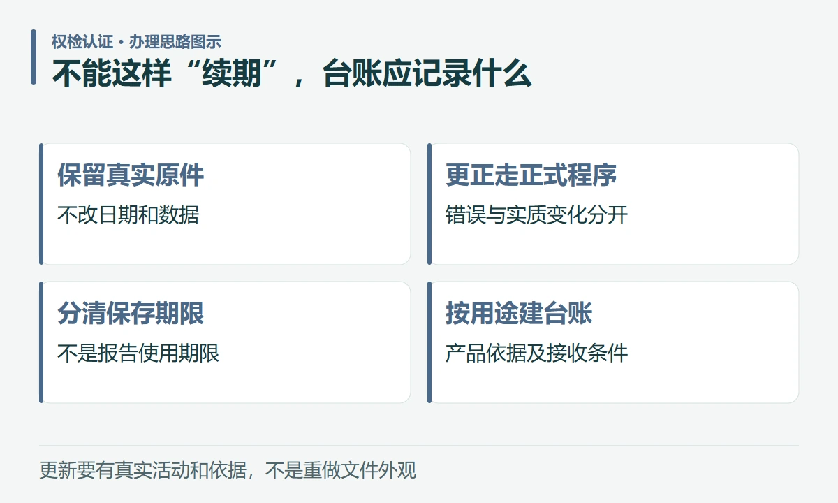 不能这样“续期”,台账应记录什么:保留真实原件,不改日期和数据;更正走正式程序,错误与实质变化分开;分清保存期限,不是报告使用期限;按用途建台账,产品依据及接收条件