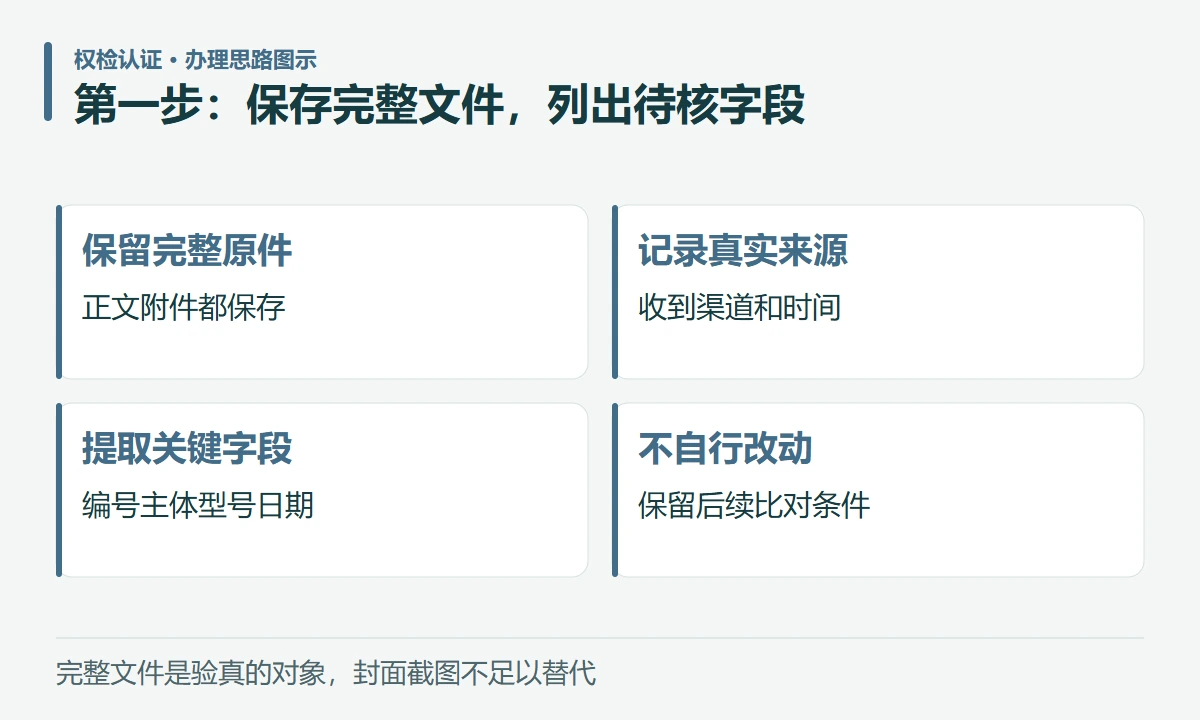 第一步:保存完整文件,列出待核字段:保留完整原件,正文附件都保存;记录真实来源,收到渠道和时间;提取关键字段,编号主体型号日期;不自行改动,保留后续比对条件