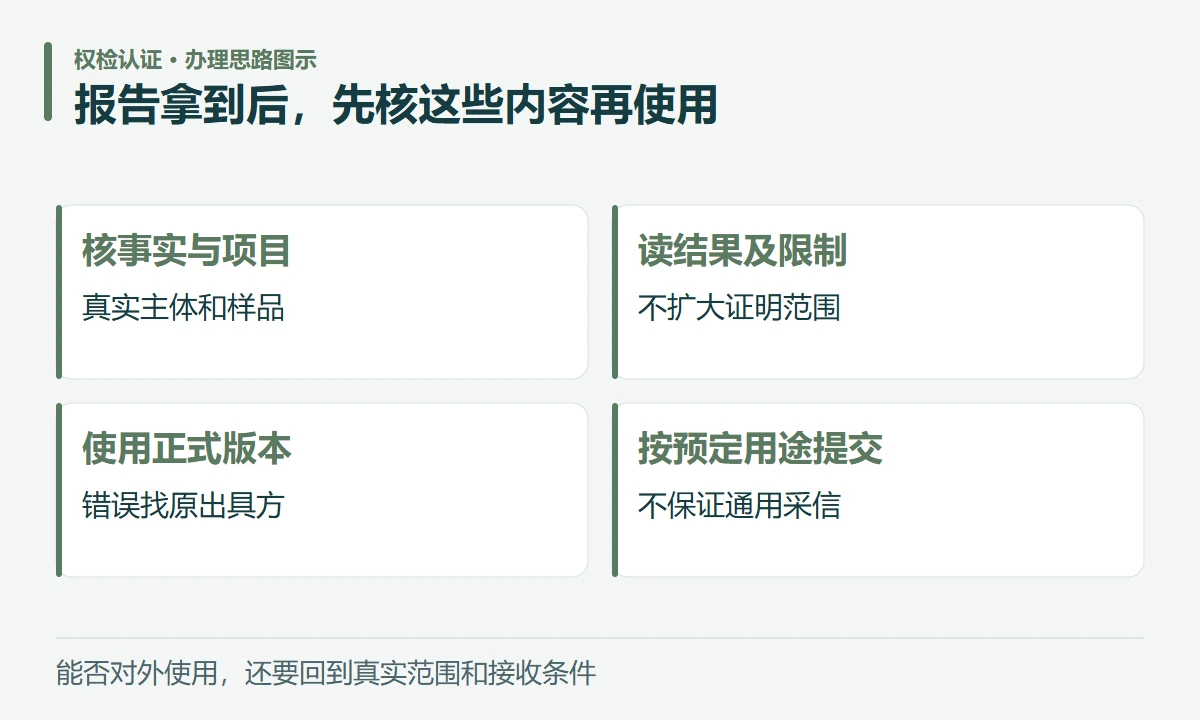 报告拿到后,先核这些内容再使用:核事实与项目,真实主体和样品;读结果及限制,不扩大证明范围;使用正式版本,错误找原出具方;按预定用途提交,不保证通用采信