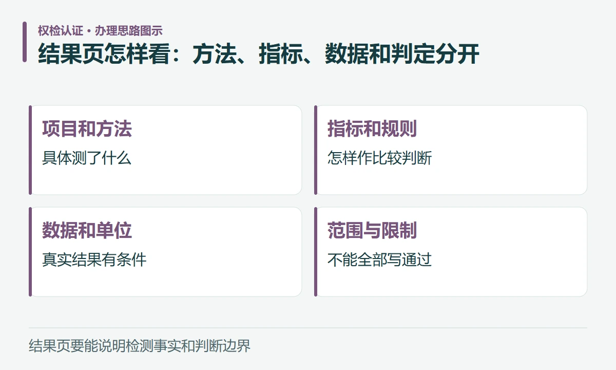 结果页怎样看:方法、指标、数据和判定分开:项目和方法,具体测了什么;指标和规则,怎样作比较判断;数据和单位,真实结果有条件;范围与限制,不能全部写通过