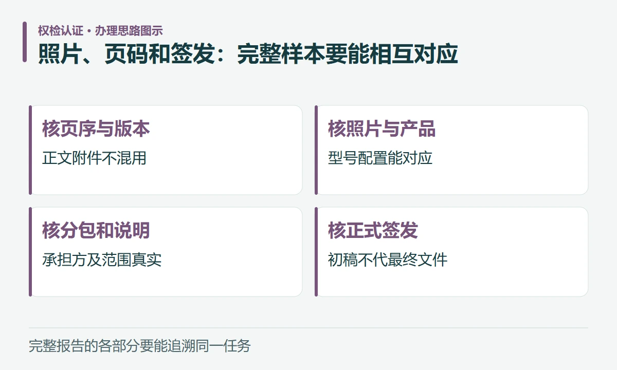 照片、页码和签发:完整样本要能相互对应:核页序与版本,正文附件不混用;核照片与产品,型号配置能对应;核分包和说明,承担方及范围真实;核正式签发,初稿不代最终文件