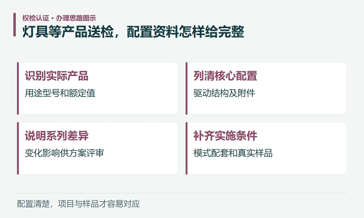 灯具等产品送检,配置资料怎样给完整:识别实际产品,用途型号和额定值;列清核心配置,驱动结构及附件;说明系列差异,变化影响供方案评审;补齐实施条件,模式配套和真实样品